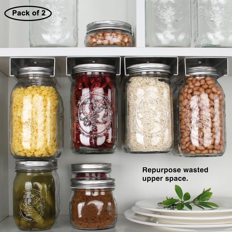 lopeztek Mason Jar Organizer, Mason Jars Rack for Food Storage, Canning Jar Holder Under Kitchen Cabinet, Mason Spice Jars Hanger Brackets for 4oz, 8oz, 12oz, 16oz, 24oz, 32oz, 64oz (2 Pcs-Wide Mouth) - Image 2